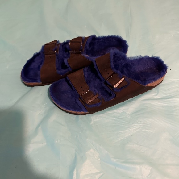 Birkenstock Arizona Shearling Blue and Brown Sandals with Double Straps - Picture 2 of 7